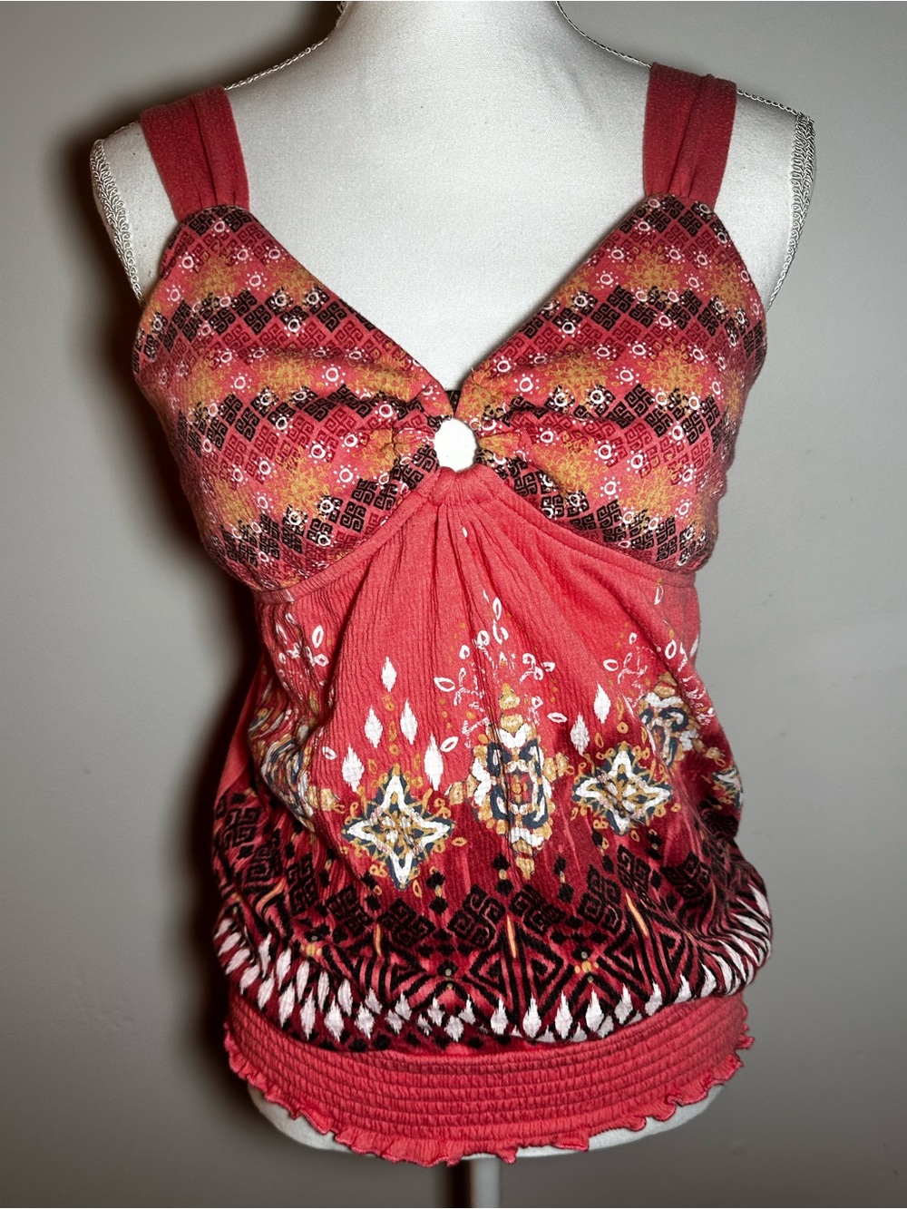BONGO Coral Bohemian Tribal Patterned Ring-Front Tank Y2K